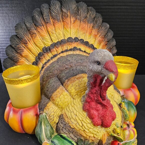 Large Resin Thanksgiving Colorful Turkey Centerpiece With 2 Candle Holders 2 LED - Picture 8 of 12